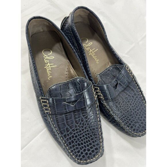 Cole Haan Womens Flats Trillby Driver Penny Loafer Croc Embossed Blue 5 - Picture 2 of 14